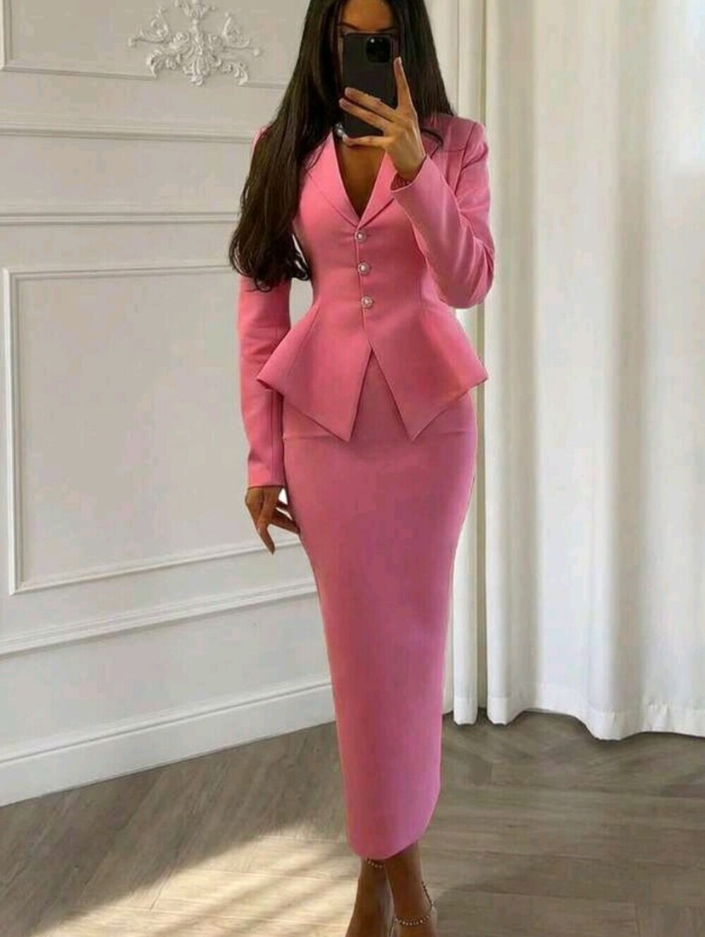 2pcs/Set Elegant Business Formal Suit Blazer + Slit Hem Skirt Outfit Spring